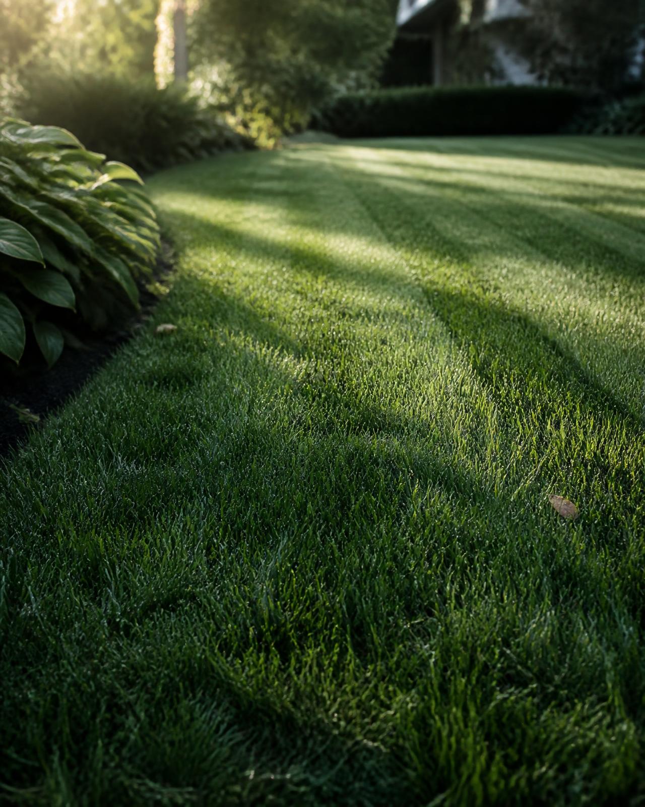 Healthy striped green lawn at sunrise with dew on the blades